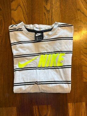 Nike White Short Sleeve Tee with Black Stripes and Neon Yellow Logo